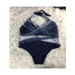 Womens Blue Print Bikini Set Halter Tie Neck Swimwear Twist Front Sz L READ